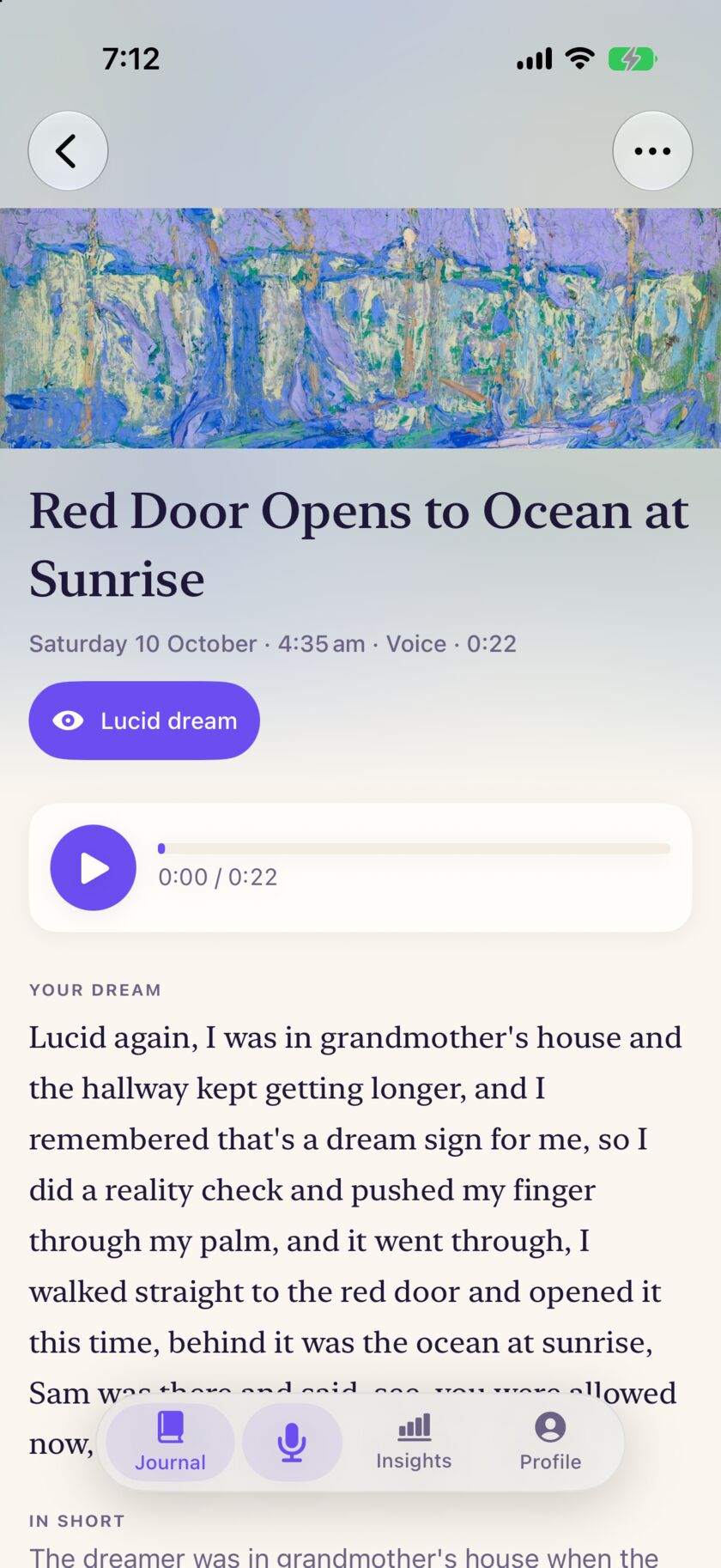 A dream opened in Unsomnia: a painting across the top, the title “Red Door Opens to Ocean at Sunrise”, a play button and the full transcript.
