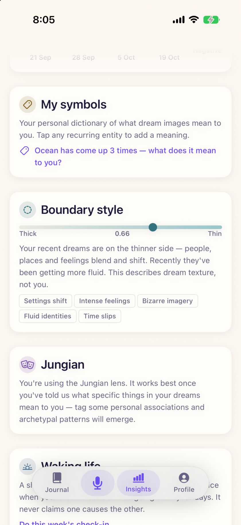 More of Insights: My symbols, a boundary-style meter at 0.66, and the Jungian section waiting for personal associations.