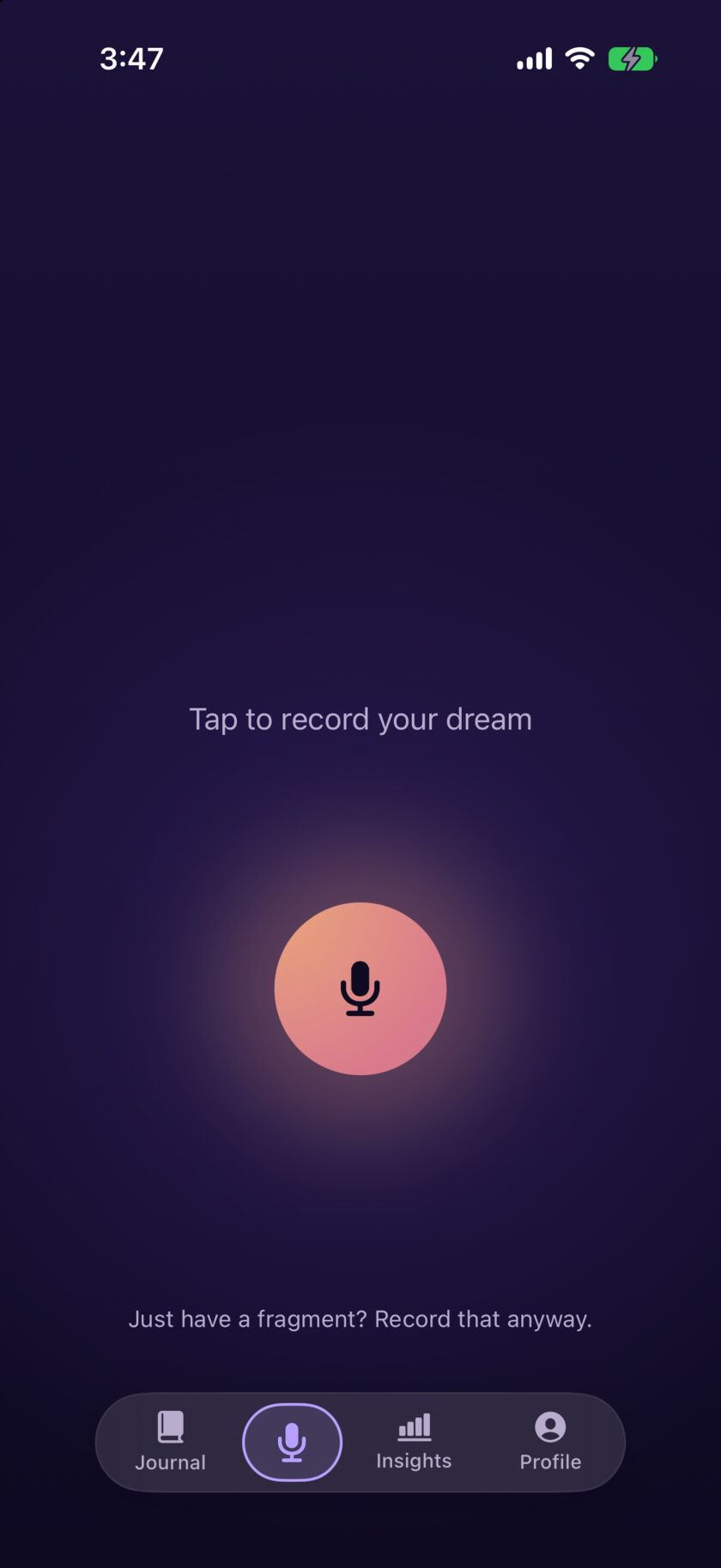 The Unsomnia recorder at 3:47 AM: a dim plum screen with one warm, glowing microphone.